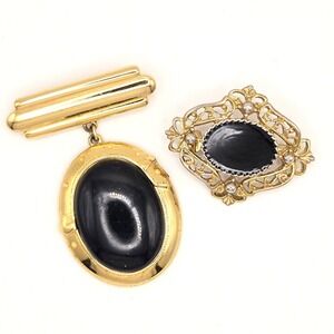 Vintage Ginnie Johnson Black Cabochon Dangle Brooch and Ornate Filigree Brooch
